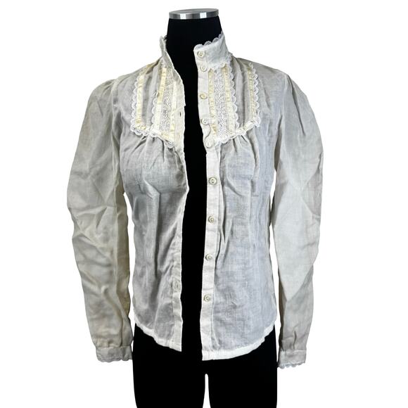 1970s Jessica’s Gunnies Sheer Edwardian Blouse – Lace & Satin Trim, XS - Picture 6 of 13